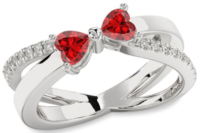 Diamond Ruby Silver Two Heart Birthstone Ring
