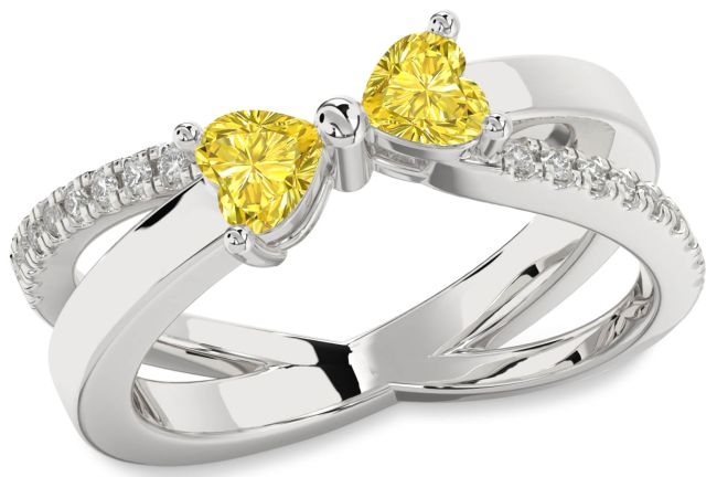 Yellow Diamond Silver Two Heart Ring