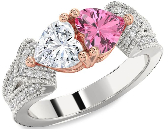 Diamond Silver & 10K Rose Gold Two Heart Pave Promise Ring