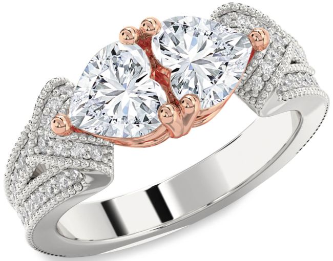 Diamond White Rose Gold Two Heart Pave Ring