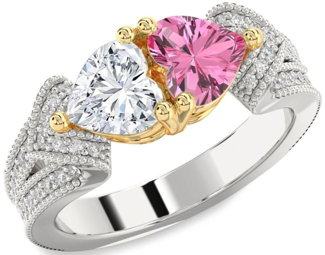 Diamond White Yellow Gold Two Heart Pave Promise Ring
