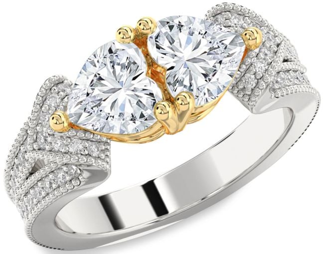 Diamond Silver & 10K gold Two Heart Pave Ring