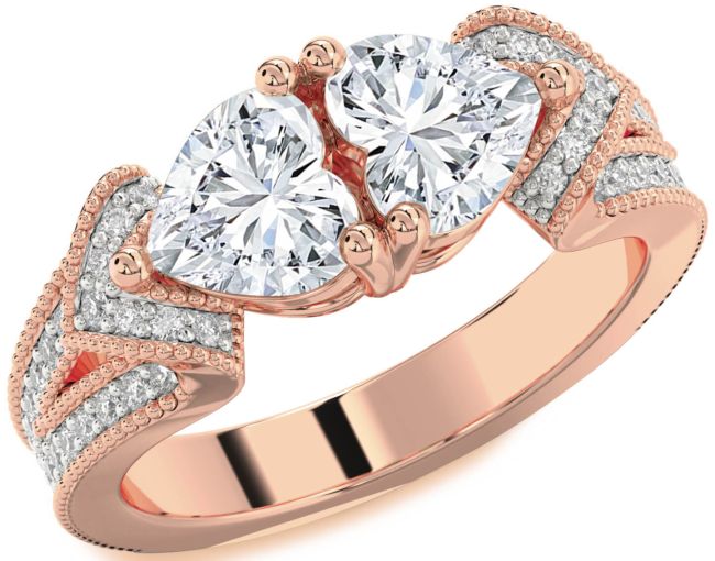 Diamond Rose Gold Silver Two Heart Pave Ring