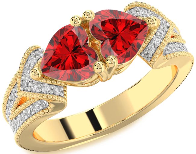 Diamond Ruby Gold Two Heart Pave Birthstone Ring