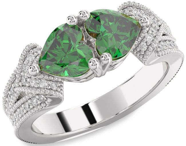 Diamond Emerald Silver Two Heart Pave Birthstone Ring