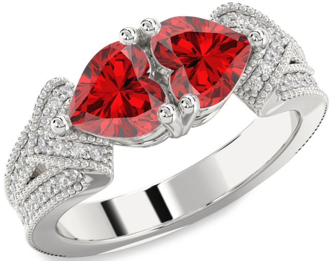 Diamond Ruby Silver Two Heart Pave Birthstone Ring