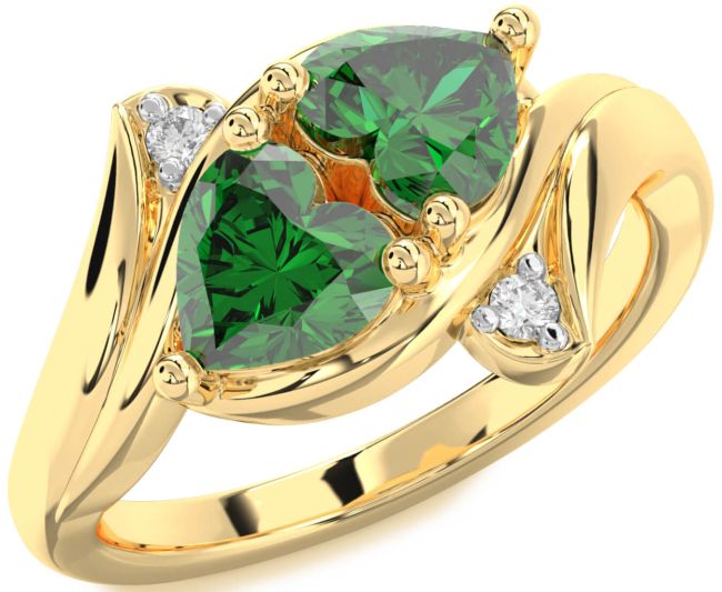 Diamond Emerald Gold Silver Two Heart Birthstone Ring