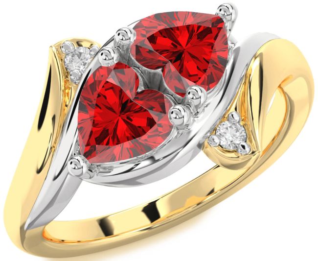 Diamond Ruby Gold Silver Two Heart Birthstone Ring