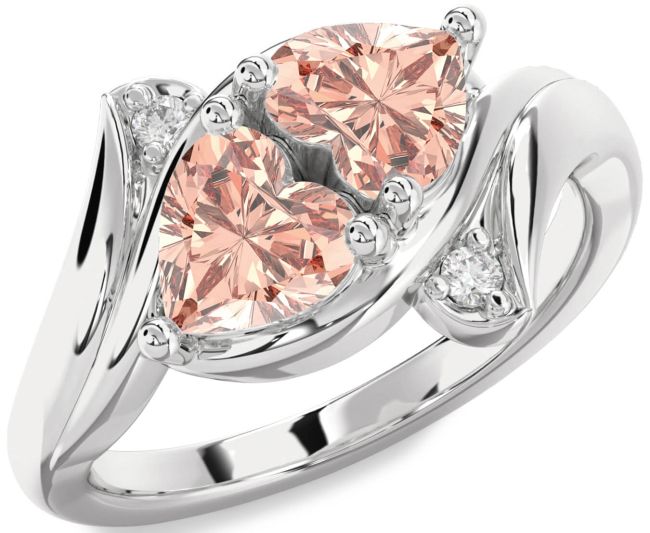 Diamond Morganite Silver Two Heart Ring