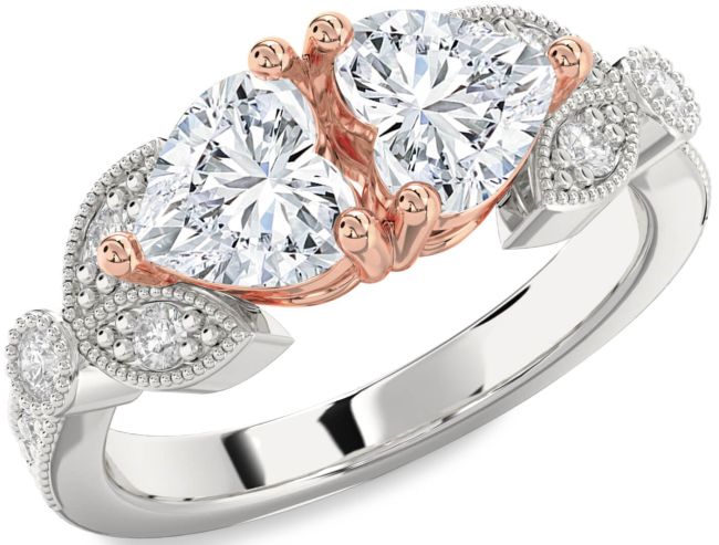 Diamond Silver & 10K Rose Gold Two Heart Ring