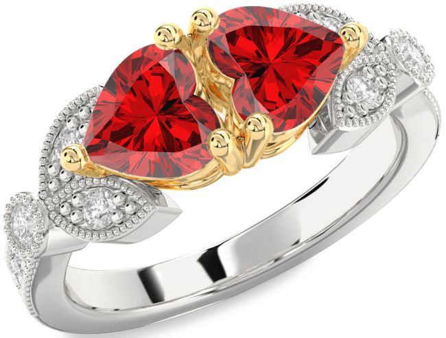 Diamond Ruby Gold Silver Two Heart Birthstone Ring