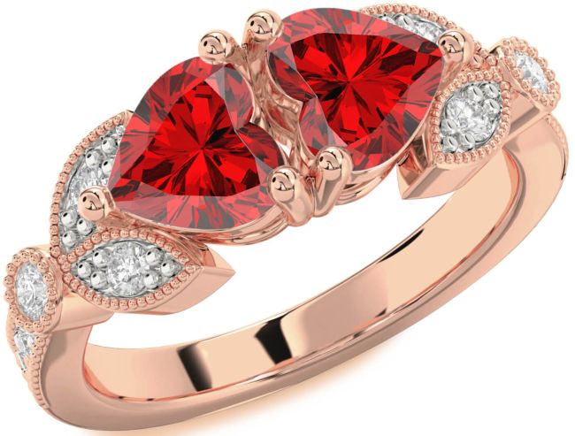 Diamond Ruby Rose Gold Two Heart Birthstone Ring