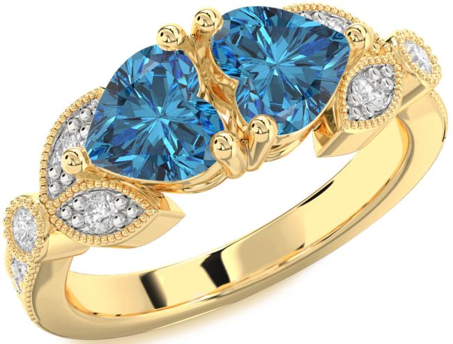 Blue Diamond Gold Silver Two Heart Ring