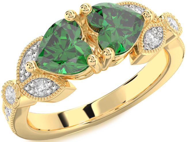 Diamond Emerald Gold Silver Two Heart Birthstone Ring
