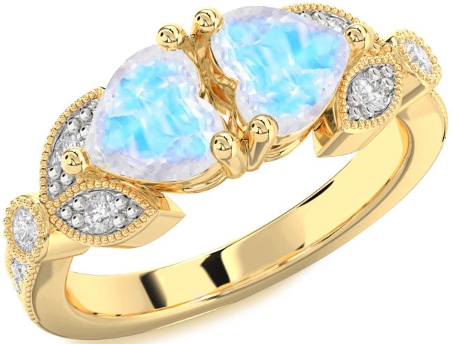 Diamond Moonstone Gold Silver Two Heart Ring