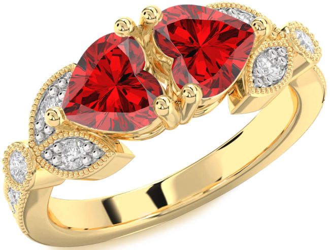 Diamond Ruby Gold Two Heart Birthstone Ring