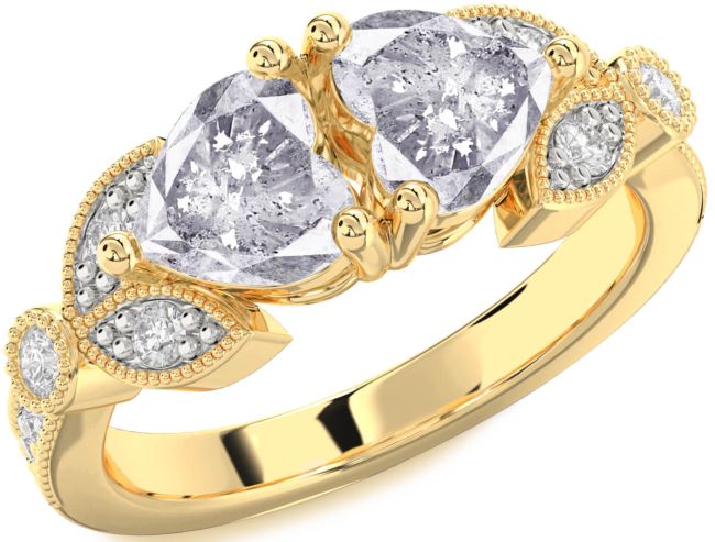Salt & Pepper Diamond Gold Silver Two Heart Ring
