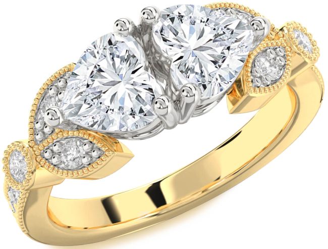 Diamond White Yellow Gold Two Heart Ring