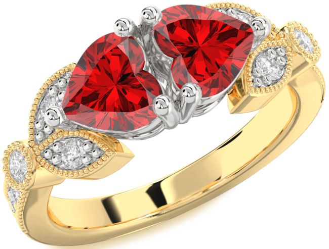 Diamond Ruby Gold Silver Two Heart Birthstone Ring