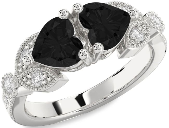 Black Diamond Silver Two Heart Ring