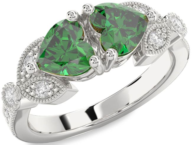 Diamond Emerald Silver Two Heart Birthstone Ring