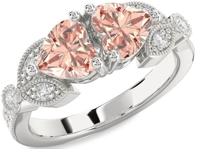 Diamond Morganite Silver Two Heart Ring
