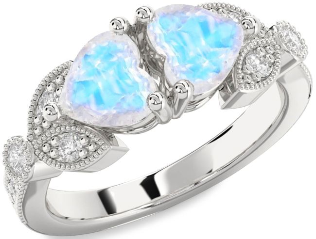Diamond Moonstone Silver Two Heart Ring