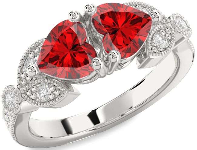 Diamond Ruby Silver Two Heart Birthstone Ring