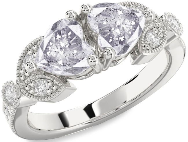 Salt & Pepper Diamond Silver Two Heart Ring