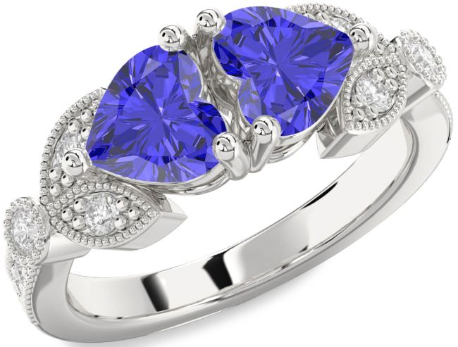 Diamond Tanzanite Silver Two Heart Ring