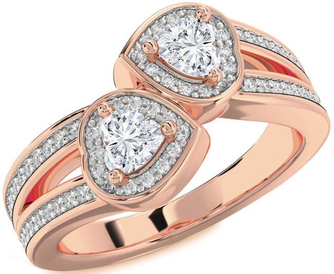Diamond Rose Gold Silver Two Heart Ring