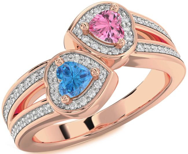 Diamond Rose Gold Silver Two Heart Promise Ring