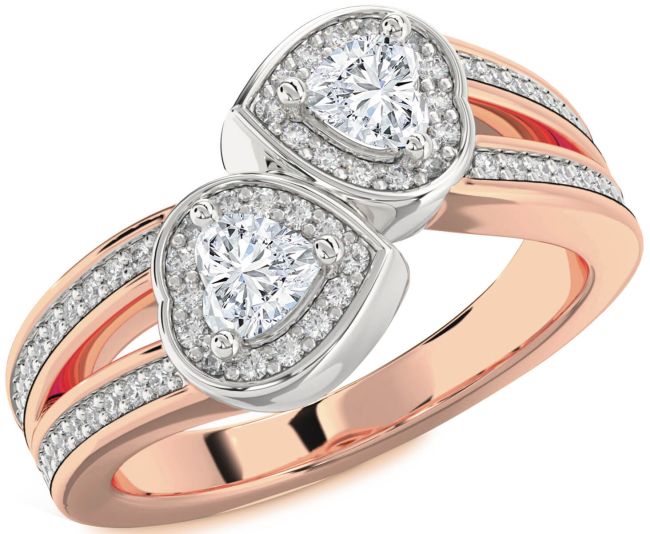 Diamond Rose Gold Silver Two Heart Ring
