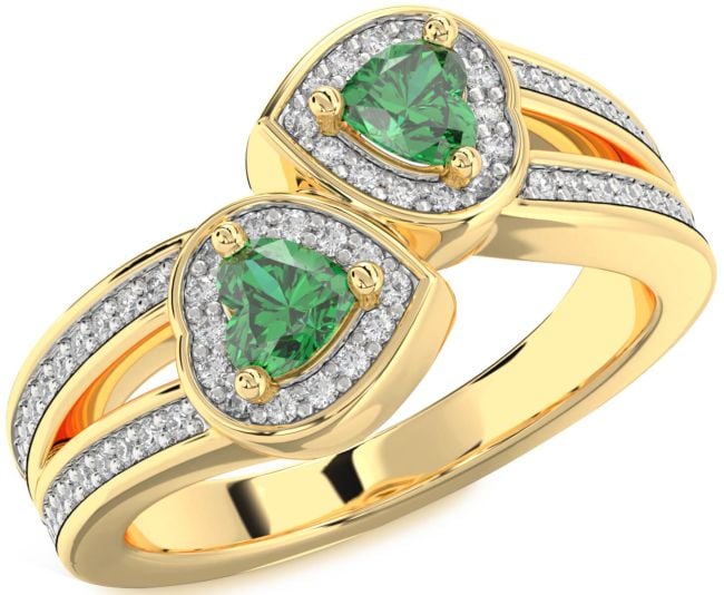 Diamond Emerald Gold Two Heart Birthstone Ring
