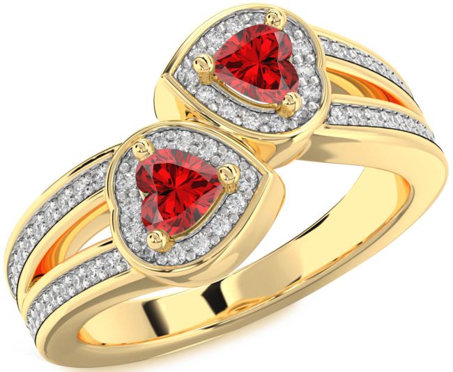 Diamond Ruby Gold Two Heart Birthstone Ring