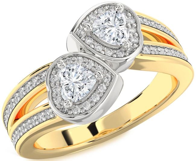 Diamond White Yellow Gold Two Heart Ring