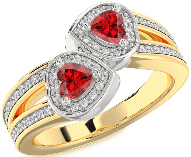 Diamond Ruby Gold Silver Two Heart Birthstone Ring