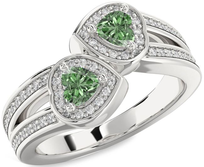 Green Diamond Silver Two Heart Ring