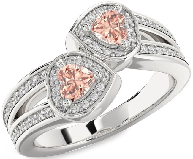 Diamond Morganite Silver Two Heart Ring