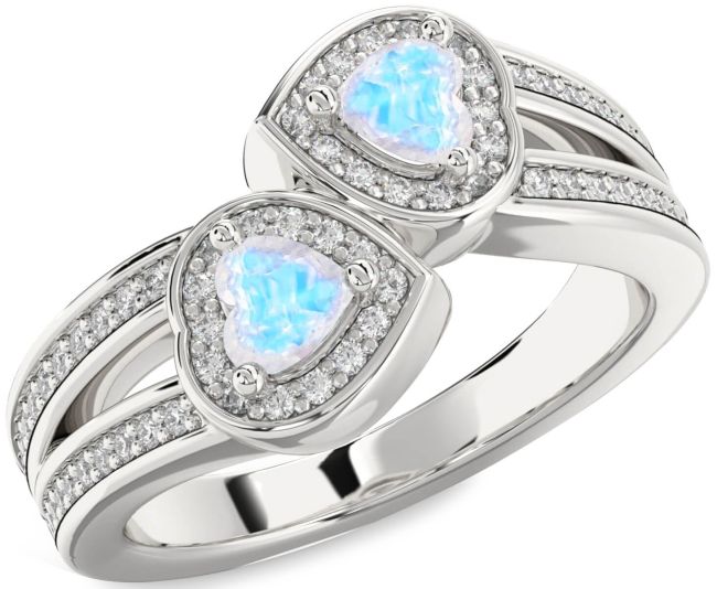 Diamond Moonstone Silver Two Heart Ring