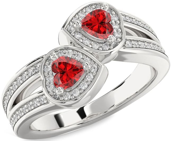Diamond Ruby Silver Two Heart Birthstone Ring