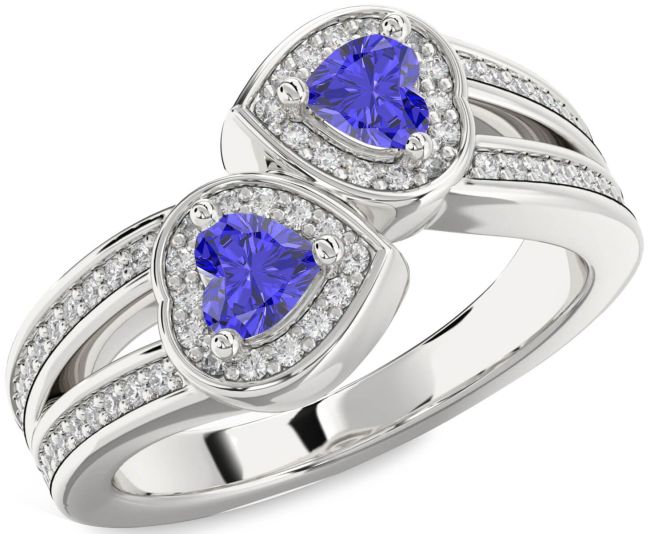 Diamond Tanzanite Silver Two Heart Ring