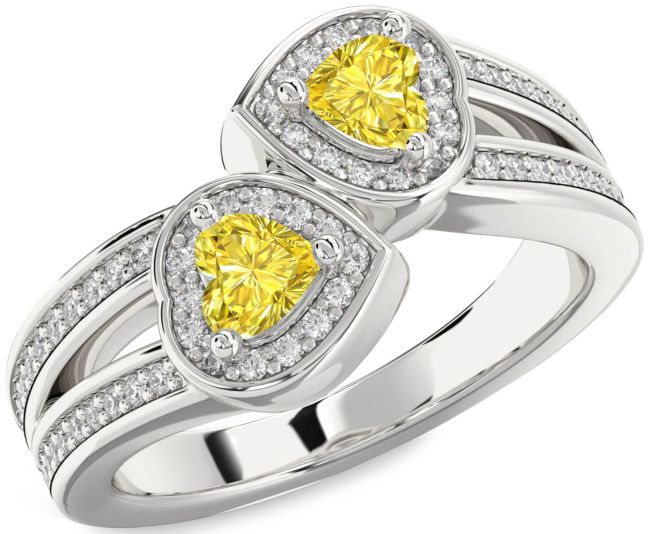 Yellow Diamond Silver Two Heart Ring
