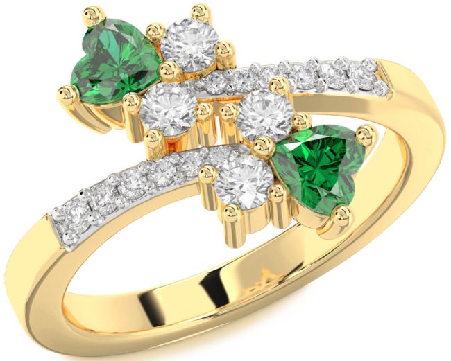 Diamond Emerald Gold Two Heart Birthstone Ring