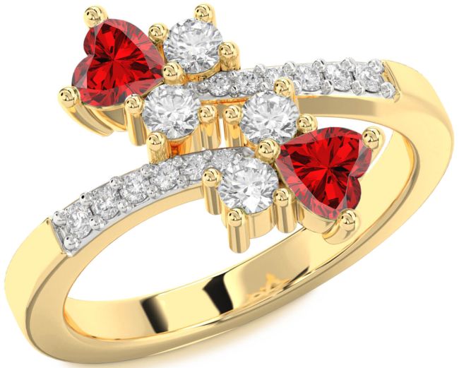 Diamond Ruby Gold Two Heart Birthstone Ring