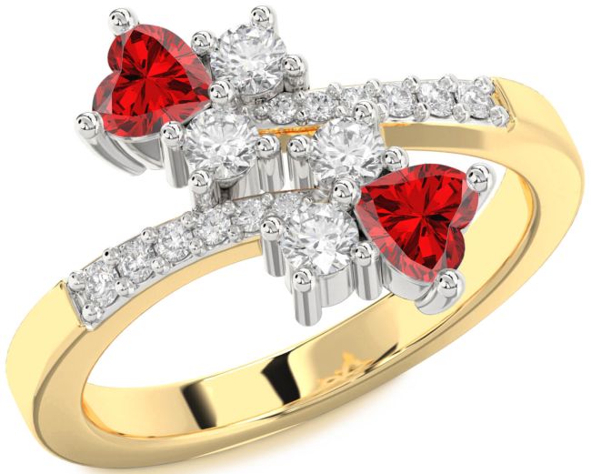Diamond Ruby Gold Silver Two Heart Birthstone Ring