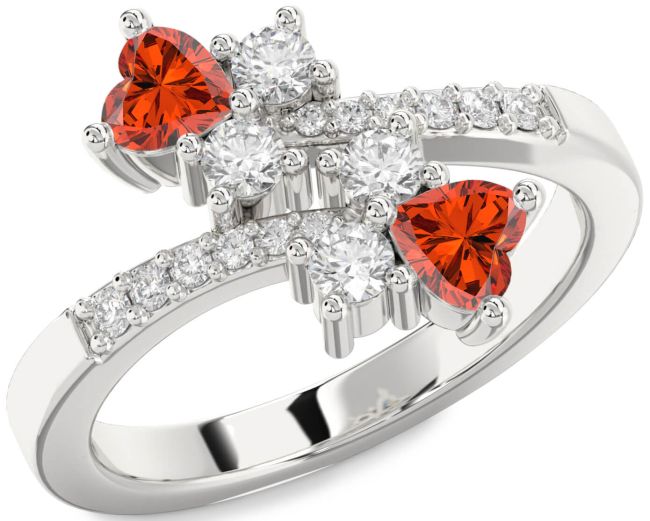 Diamond Fire Opal Silver Two Heart Ring