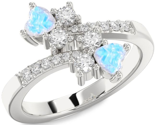 Diamond Moonstone Silver Two Heart Ring