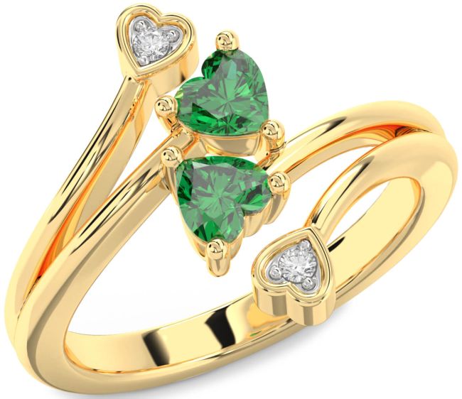 Diamond Emerald Gold Two Heart Birthstone Ring