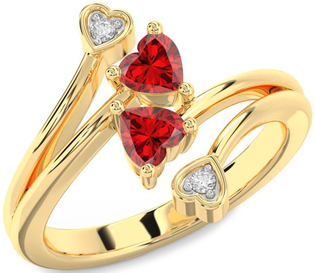 Diamond Ruby Gold Two Heart Birthstone Ring